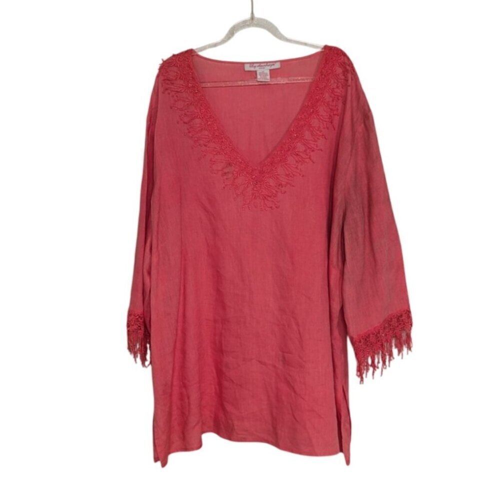 Lily Stanhope 100% Linen Tunic Womens Size 3X Pink 3/4 Sleeves Beaded Lace Shirt
